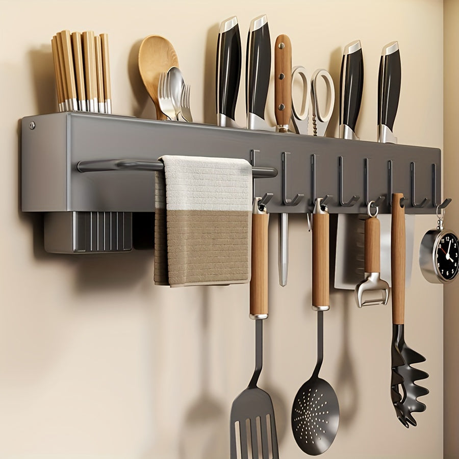 Stainless Steel Storage Rack with Knife Holder for Cookware & Gadgets - Multifunctional Wall-Mounted Kitchen Organizer