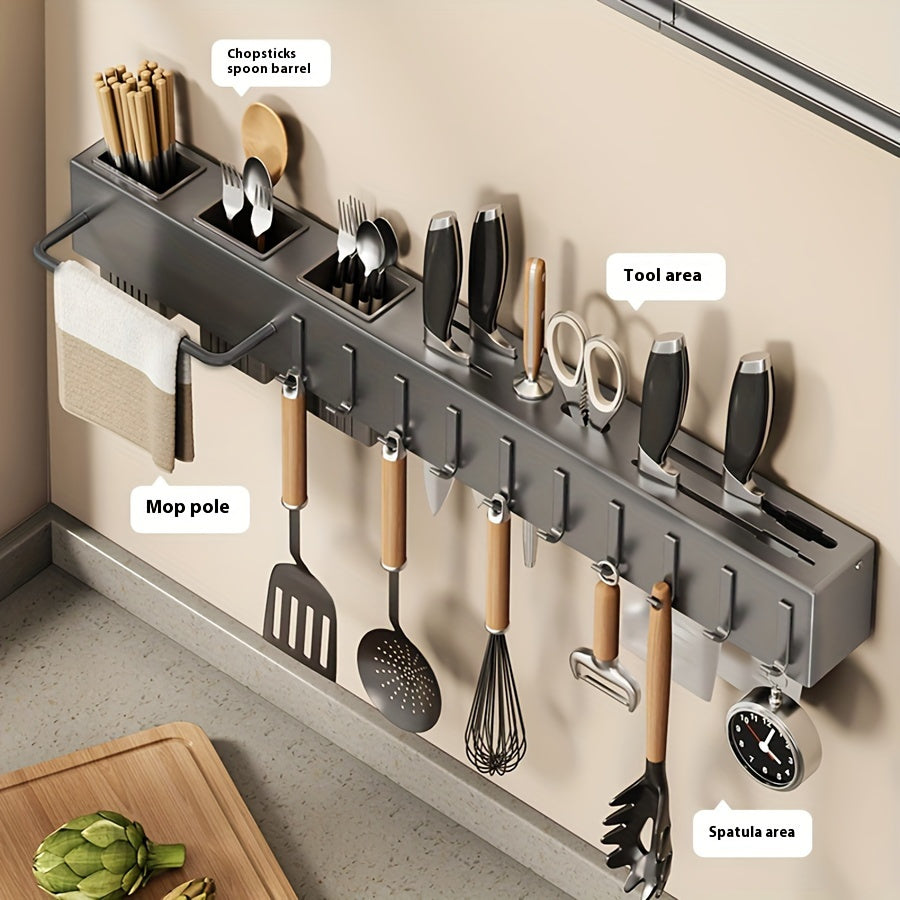 Stainless Steel Storage Rack with Knife Holder for Cookware & Gadgets - Multifunctional Wall-Mounted Kitchen Organizer