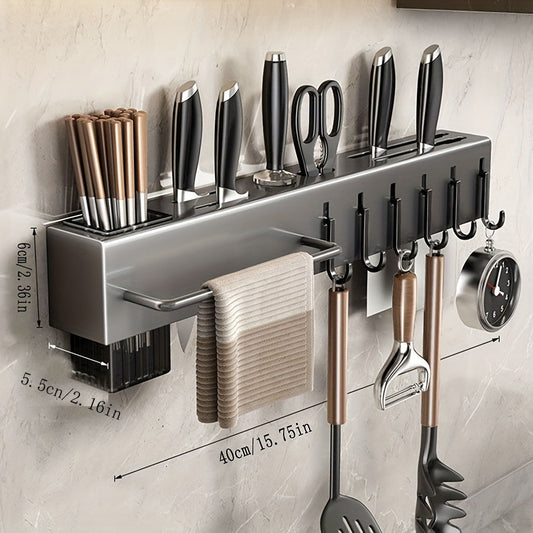 Stainless Steel Storage Rack with Knife Holder for Cookware & Gadgets - Multifunctional Wall-Mounted Kitchen Organizer