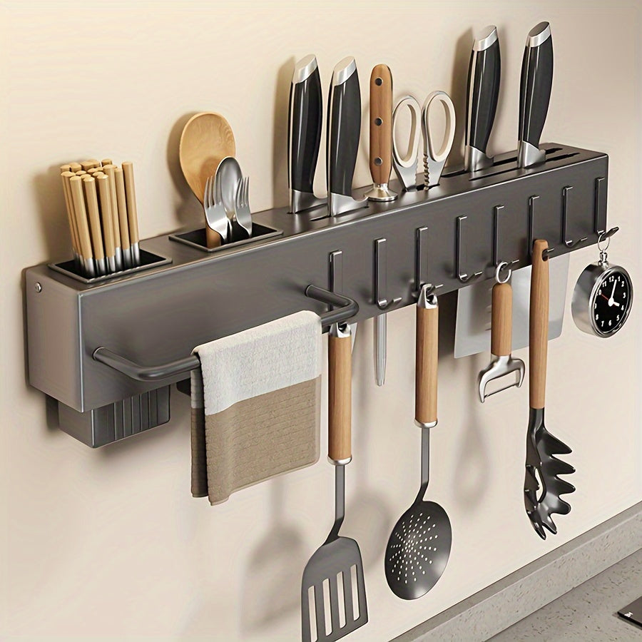 Stainless Steel Storage Rack with Knife Holder for Cookware & Gadgets - Multifunctional Wall-Mounted Kitchen Organizer