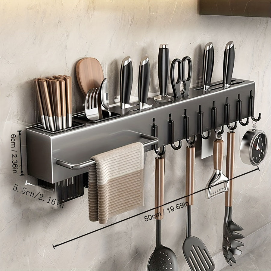 Stainless Steel Storage Rack with Knife Holder for Cookware & Gadgets - Multifunctional Wall-Mounted Kitchen Organizer