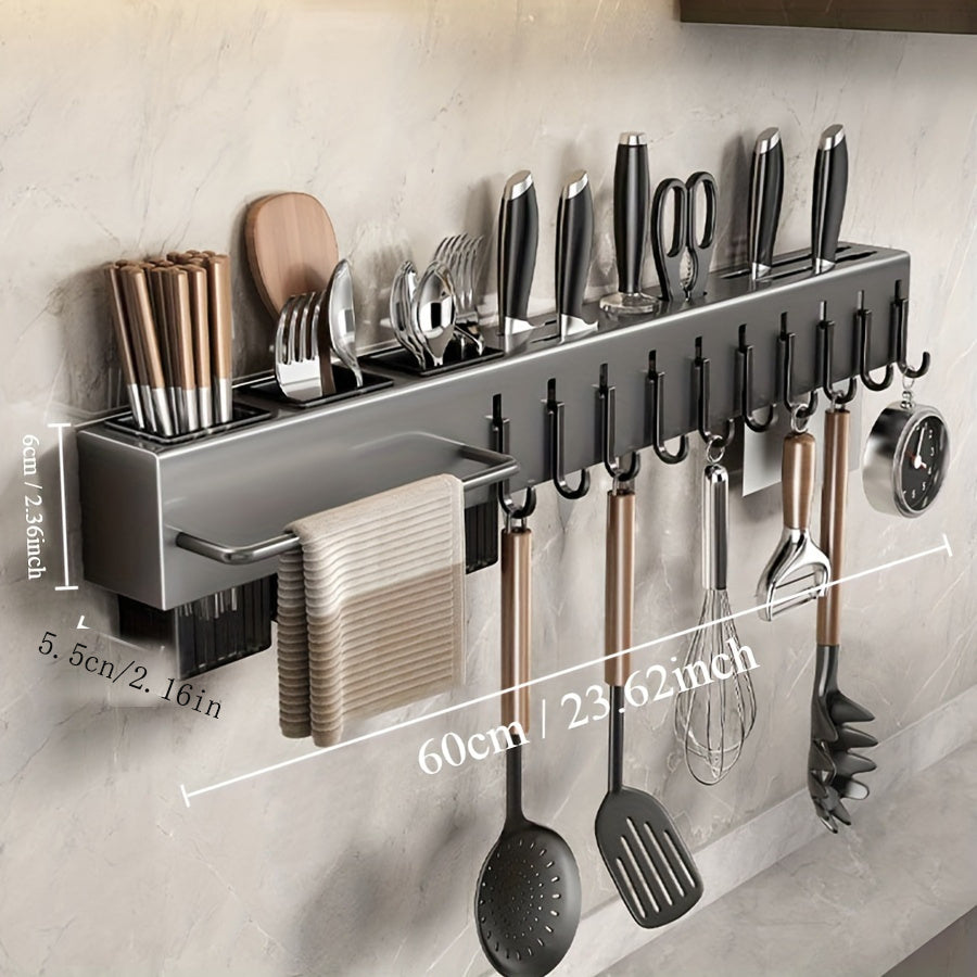 Stainless Steel Storage Rack with Knife Holder for Cookware & Gadgets - Multifunctional Wall-Mounted Kitchen Organizer