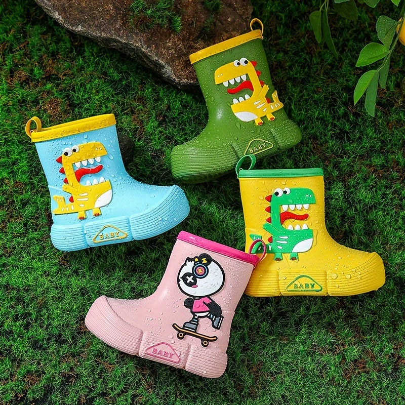 [Cartoon Adventure] Kids' EVA Rain Boots with Dinosaur & Panda Designs - Waterproof, Anti-Slip, High Top Shoes for Boys & Girls - Vibrant Colors, Ideal for Rainy Days