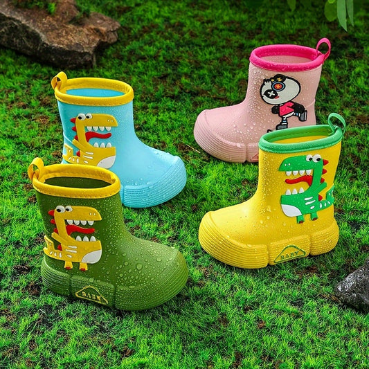 [Cartoon Adventure] Kids' EVA Rain Boots with Dinosaur & Panda Designs - Waterproof, Anti-Slip, High Top Shoes for Boys & Girls - Vibrant Colors, Ideal for Rainy Days