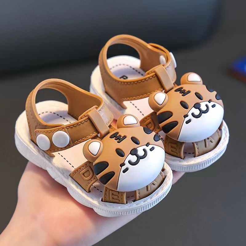 2023 Summer Infant Boys Cartoon Tiger Sandals with Buckle Closure, Anti-Slip Soft Sole- Ages 0-3