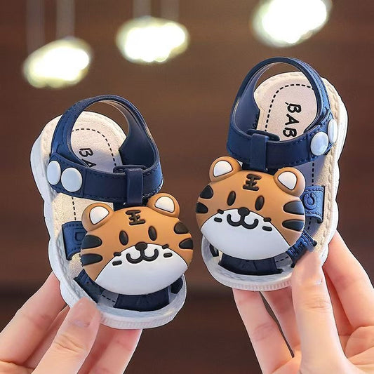 2023 Summer Infant Boys Cartoon Tiger Sandals with Buckle Closure, Anti-Slip Soft Sole- Ages 0-3