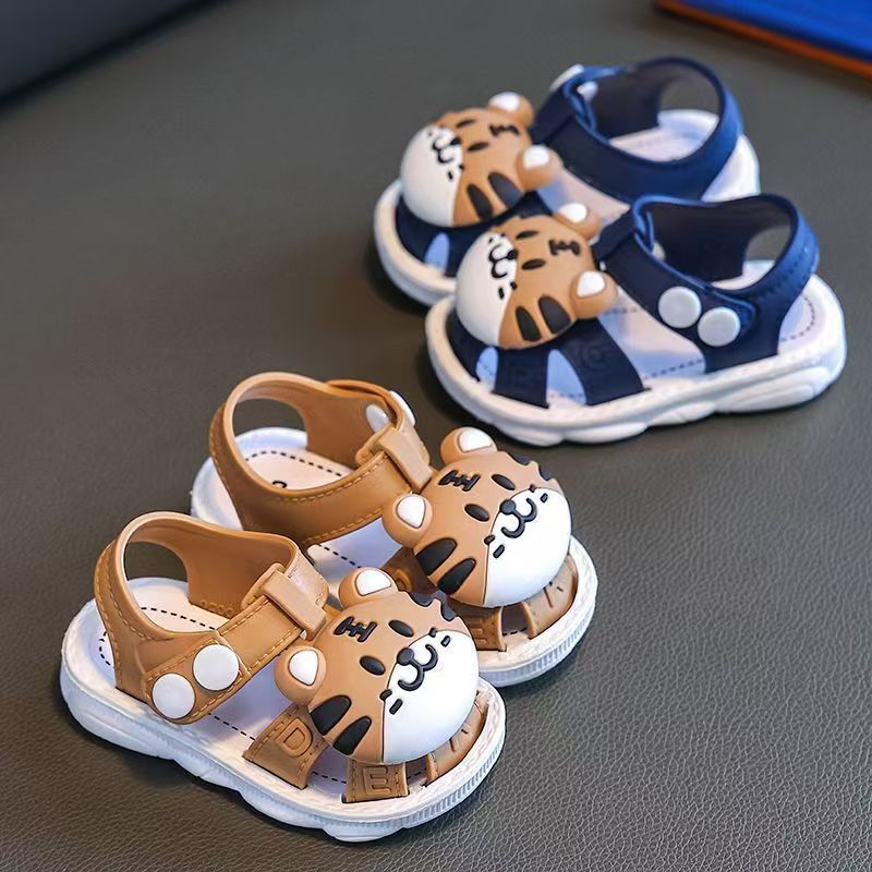 2023 Summer Infant Boys Cartoon Tiger Sandals with Buckle Closure, Anti-Slip Soft Sole- Ages 0-3