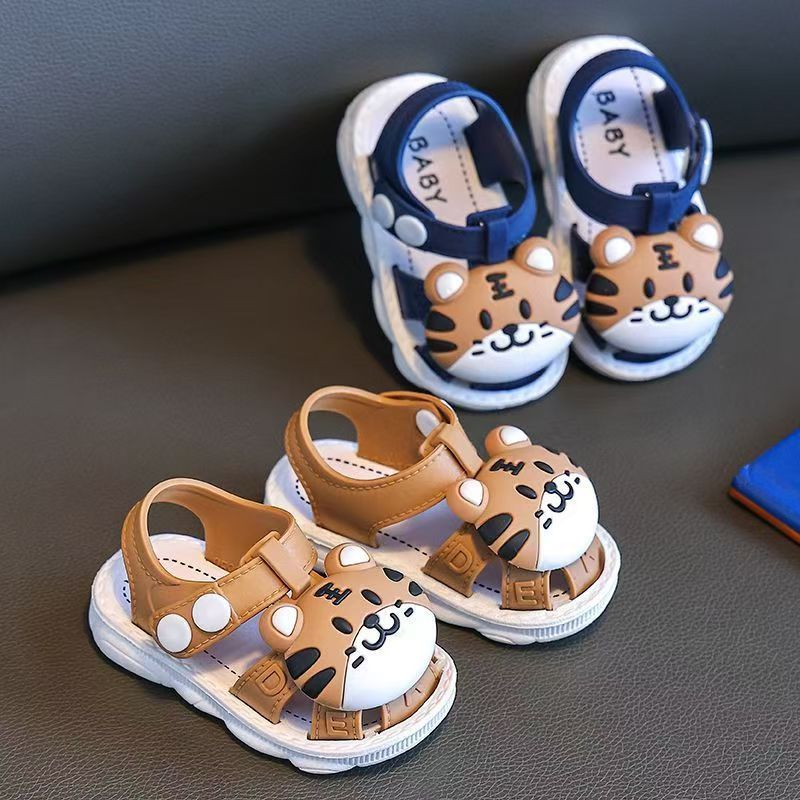 2023 Summer Infant Boys Cartoon Tiger Sandals with Buckle Closure, Anti-Slip Soft Sole- Ages 0-3