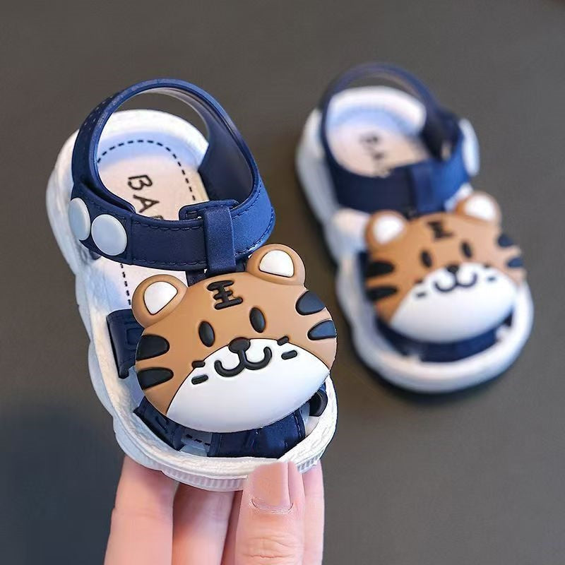 2023 Summer Infant Boys Cartoon Tiger Sandals with Buckle Closure, Anti-Slip Soft Sole- Ages 0-3