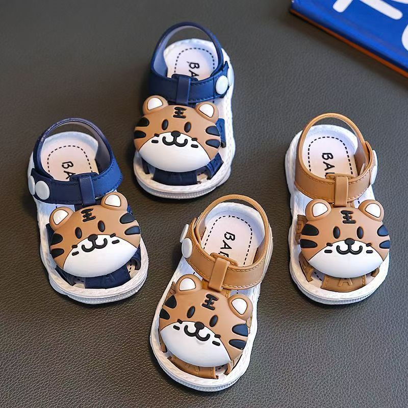 2023 Summer Infant Boys Cartoon Tiger Sandals with Buckle Closure, Anti-Slip Soft Sole- Ages 0-3