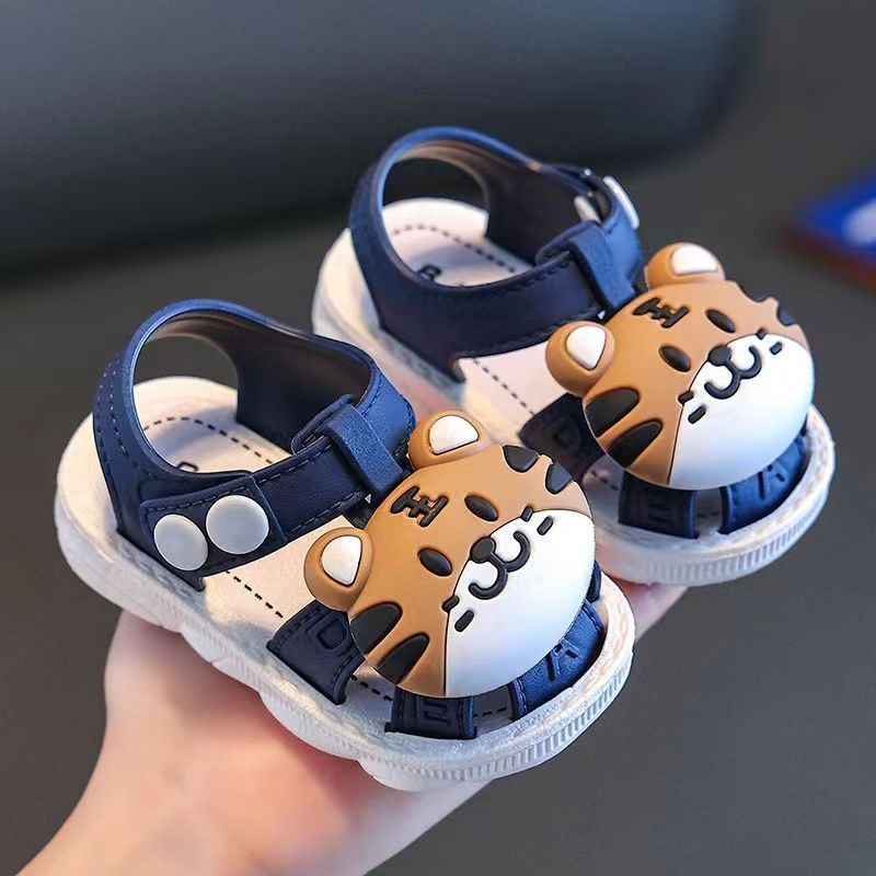 2023 Summer Infant Boys Cartoon Tiger Sandals with Buckle Closure, Anti-Slip Soft Sole- Ages 0-3