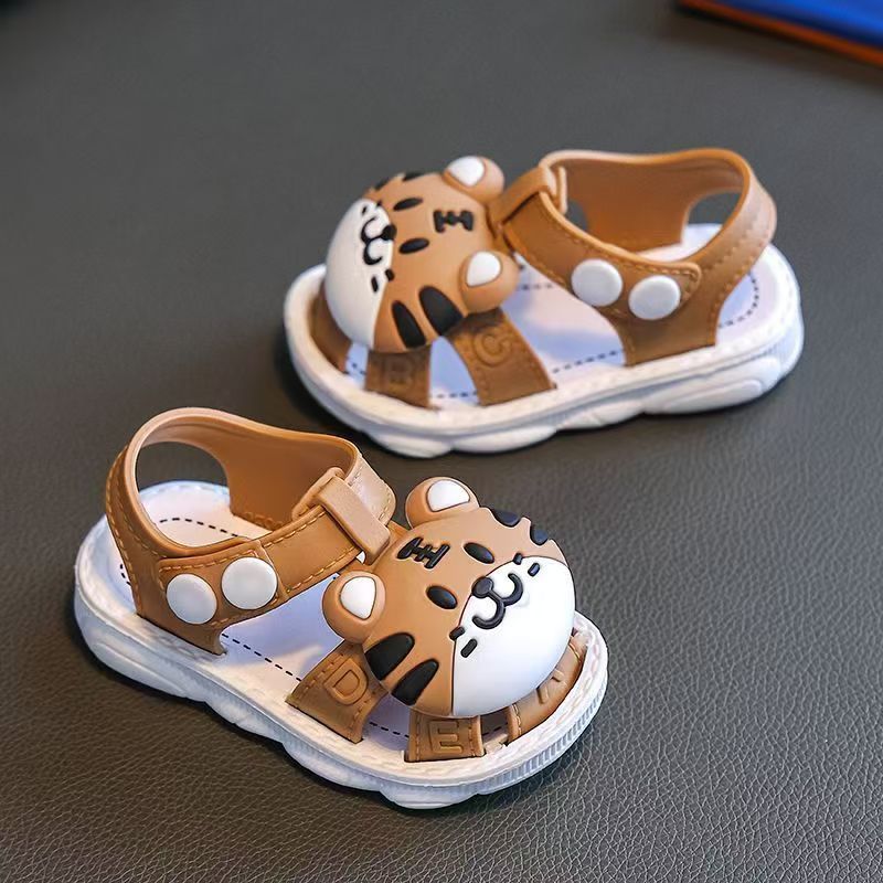 2023 Summer Infant Boys Cartoon Tiger Sandals with Buckle Closure, Anti-Slip Soft Sole- Ages 0-3