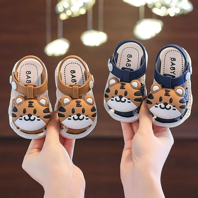 2023 Summer Infant Boys Cartoon Tiger Sandals with Buckle Closure, Anti-Slip Soft Sole- Ages 0-3