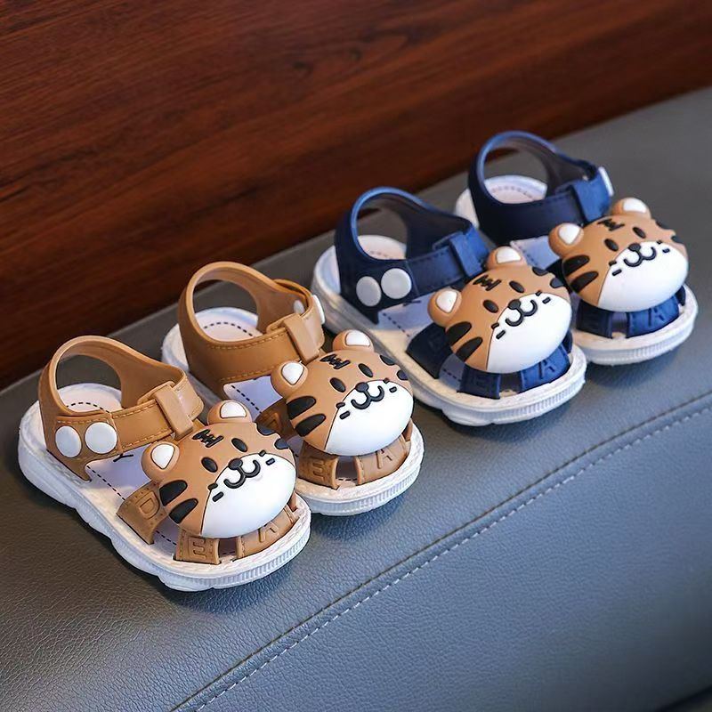 2023 Summer Infant Boys Cartoon Tiger Sandals with Buckle Closure, Anti-Slip Soft Sole- Ages 0-3