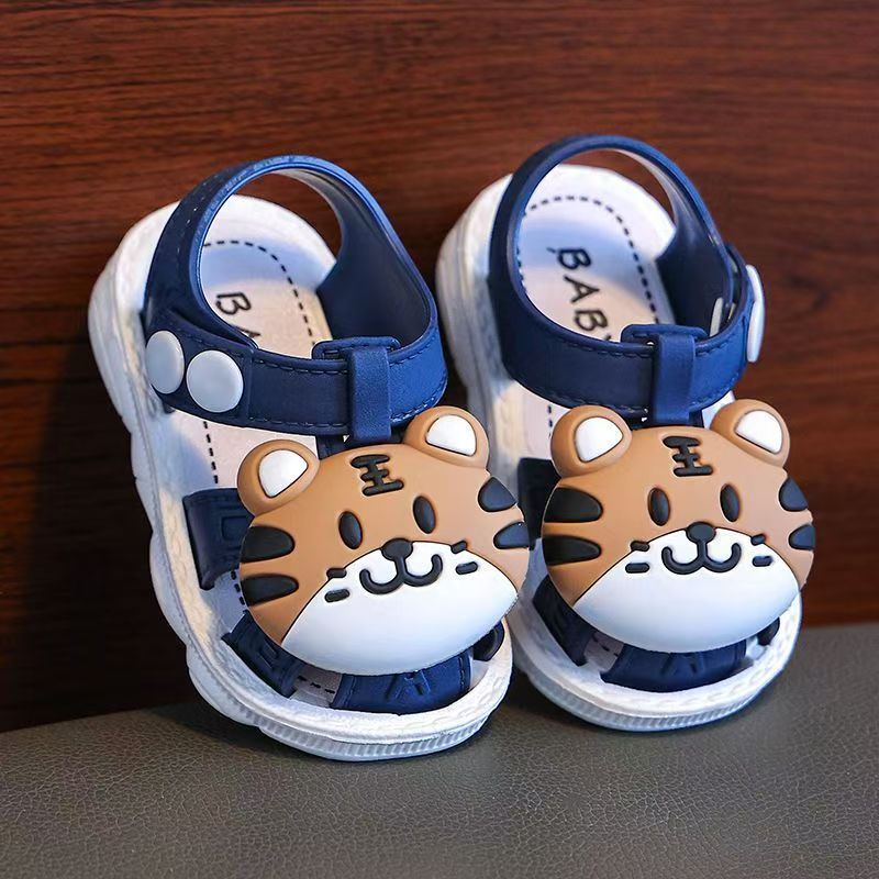 2023 Summer Infant Boys Cartoon Tiger Sandals with Buckle Closure, Anti-Slip Soft Sole- Ages 0-3