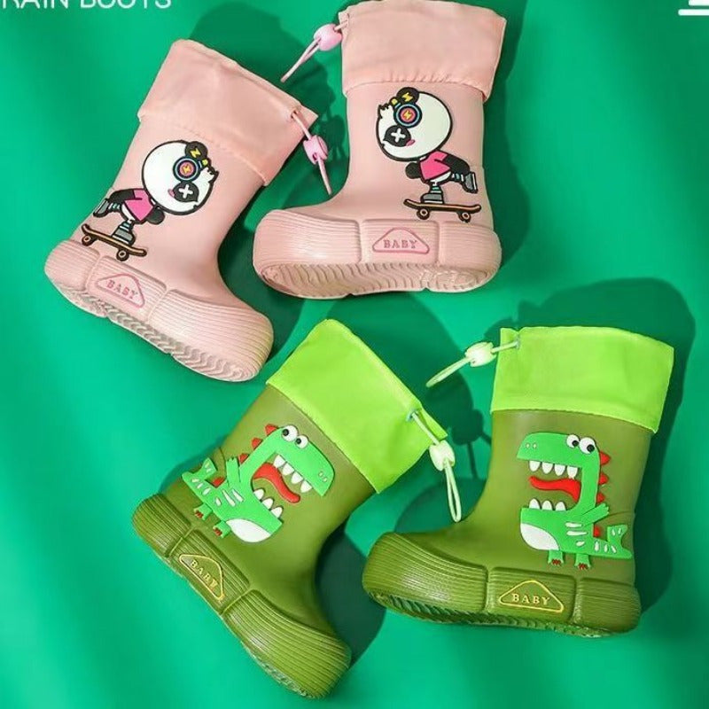 Children's waterproof rain boots featuring adorable cartoon dinosaur and panda designs, with soft, anti-slip soles for both boys and girls.