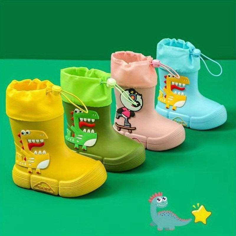 Children's waterproof rain boots featuring adorable cartoon dinosaur and panda designs, with soft, anti-slip soles for both boys and girls.