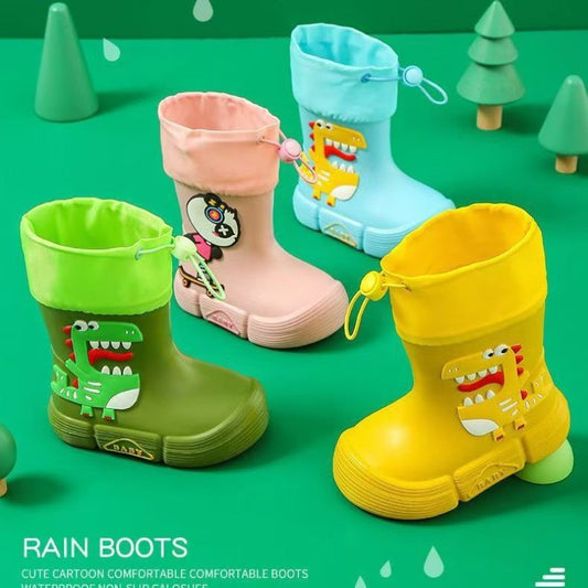 Children's waterproof rain boots featuring adorable cartoon dinosaur and panda designs, with soft, anti-slip soles for both boys and girls.