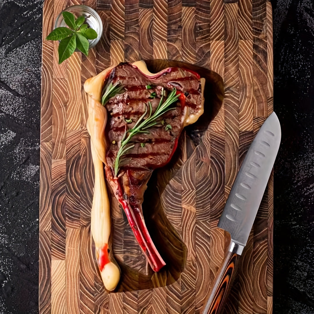 Large and medium sizes of premium log wood cutting board available, featuring a food-safe, durable, and thick design. Luxury modern Nordic-inspired style perfect for the kitchen, making it a long-lasting wooden chopping block.