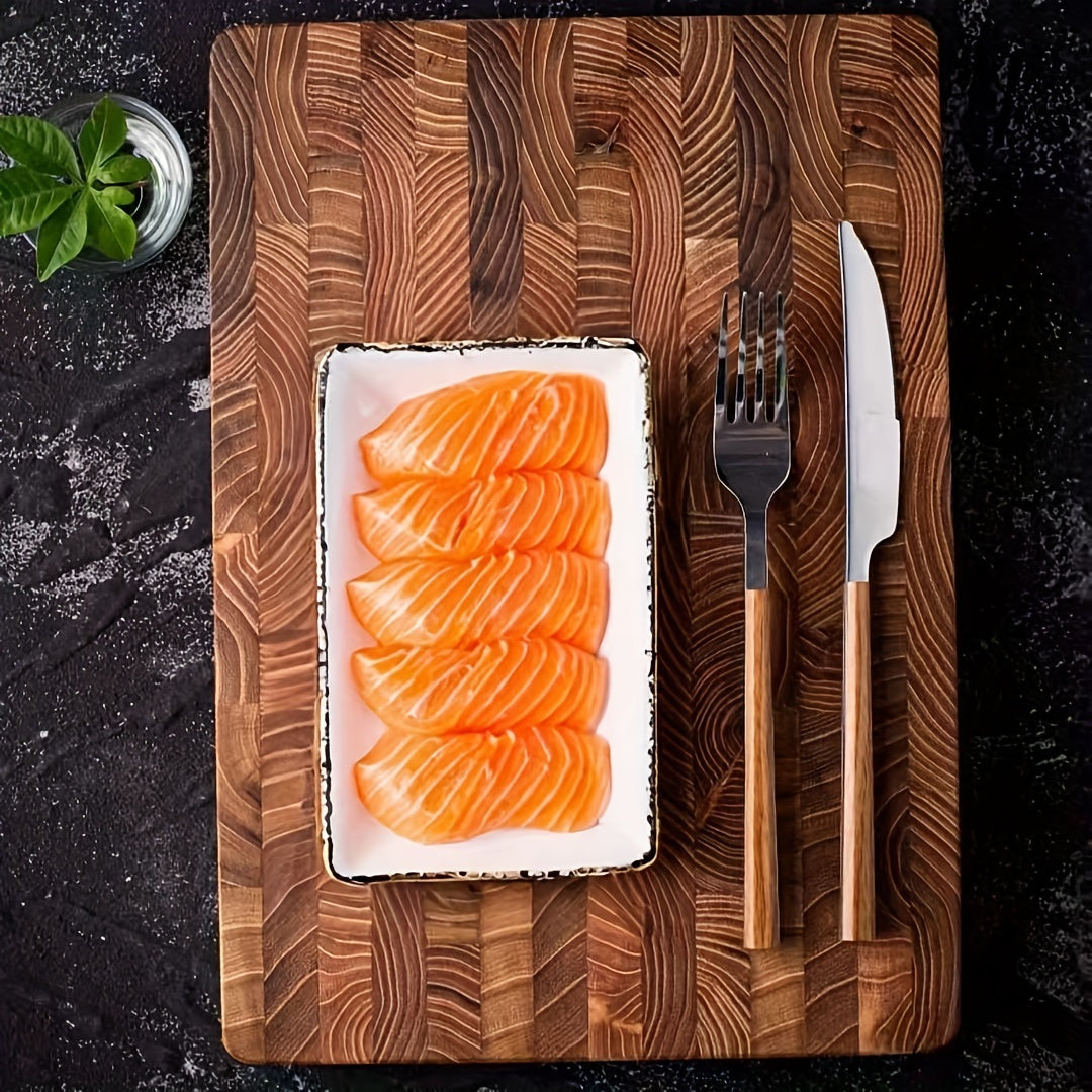 Large and medium sizes of premium log wood cutting board available, featuring a food-safe, durable, and thick design. Luxury modern Nordic-inspired style perfect for the kitchen, making it a long-lasting wooden chopping block.