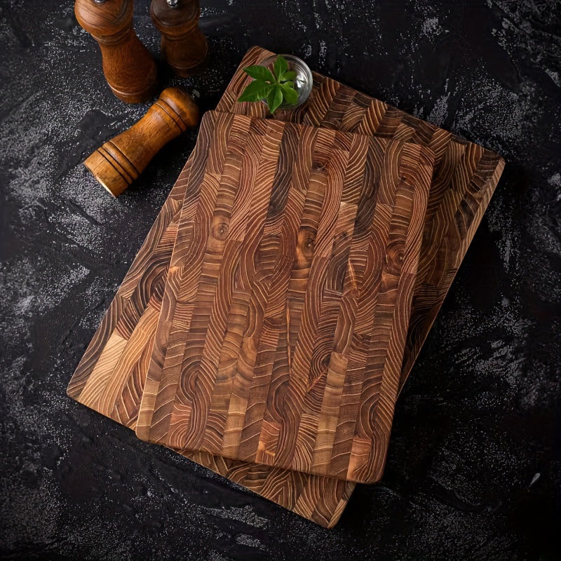 Large and medium sizes of premium log wood cutting board available, featuring a food-safe, durable, and thick design. Luxury modern Nordic-inspired style perfect for the kitchen, making it a long-lasting wooden chopping block.