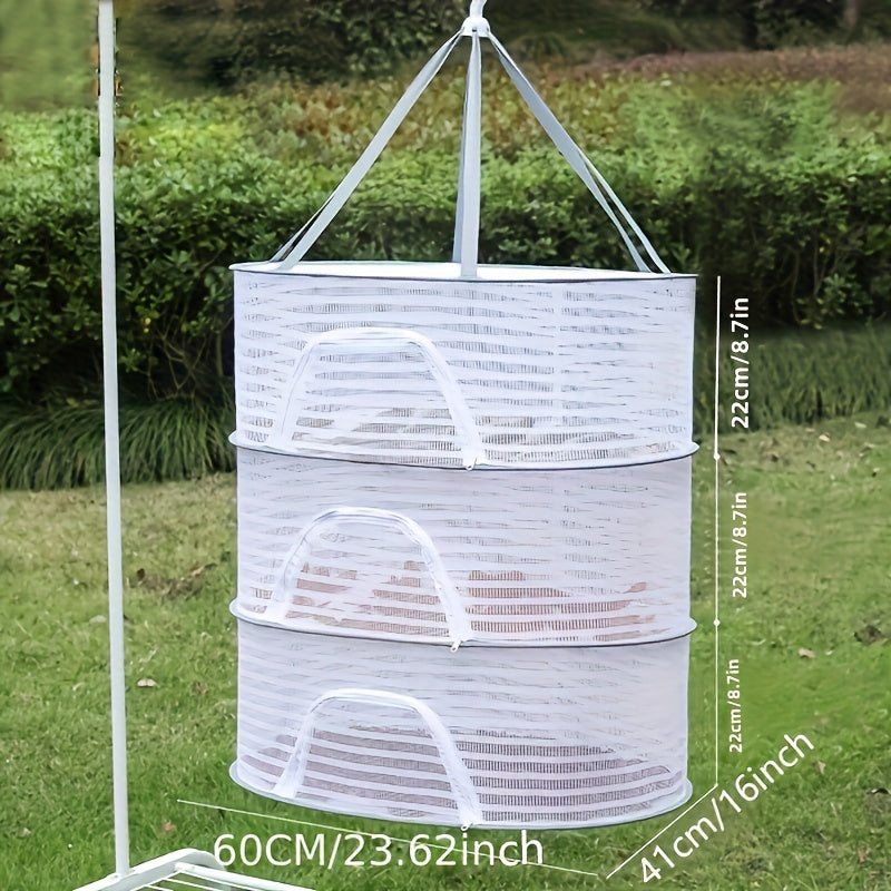 3-Tier Hanging Drying Net Rack with Zipper - Versatile Mesh Dryer for Sun-Drying, Food Dehydration for Seafood, Fruit, Vegetables, Herbs - Made with Safe Polyester Fiber, Collapsible & Easy to Carry in Different Spaces - Modern Rectangular Design