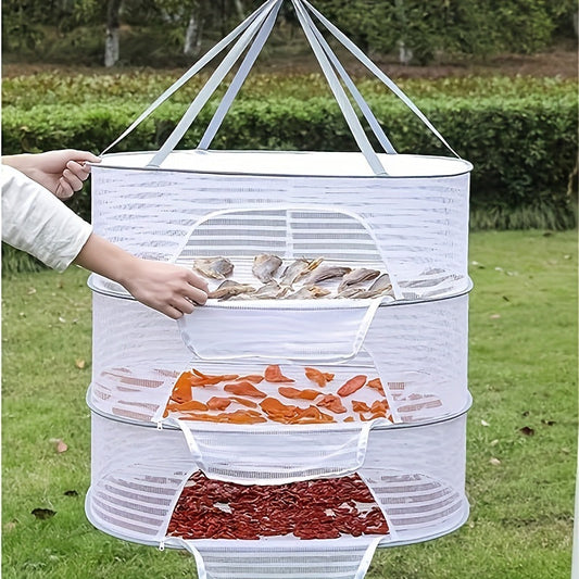 3-Tier Hanging Drying Net Rack with Zipper - Versatile Mesh Dryer for Sun-Drying, Food Dehydration for Seafood, Fruit, Vegetables, Herbs - Made with Safe Polyester Fiber, Collapsible & Easy to Carry in Different Spaces - Modern Rectangular Design