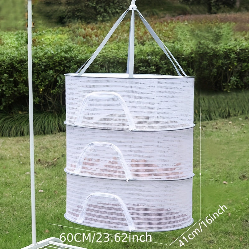 3-Tier Hanging Drying Net Rack with Zipper - Versatile Mesh Dryer for Sun-Drying, Food Dehydration for Seafood, Fruit, Vegetables, Herbs - Made with Safe Polyester Fiber, Collapsible & Easy to Carry in Different Spaces - Modern Rectangular Design