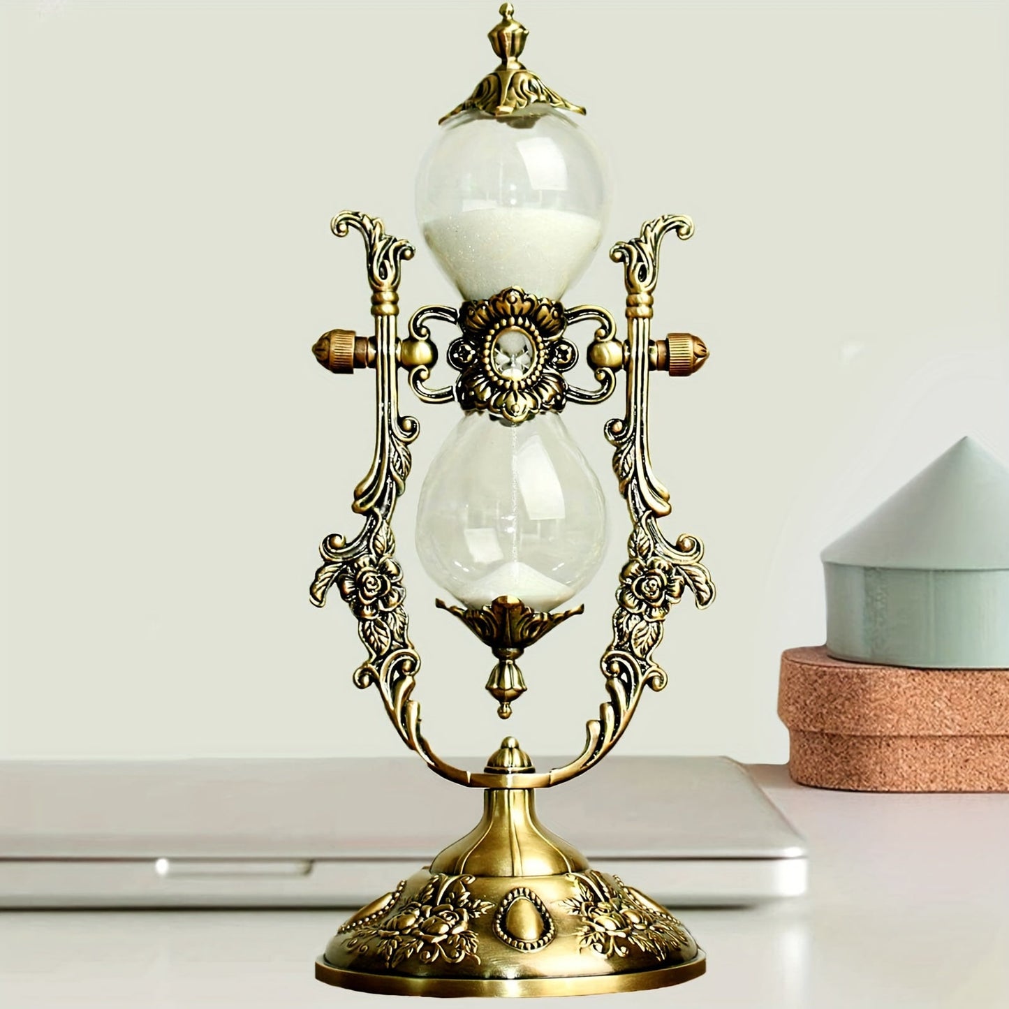 Antique Brass Sand Timer with Engraved Design - Elegant 360° Rotating Metal Clock with White Sand, Ideal for Enhancing Home & Office Décor