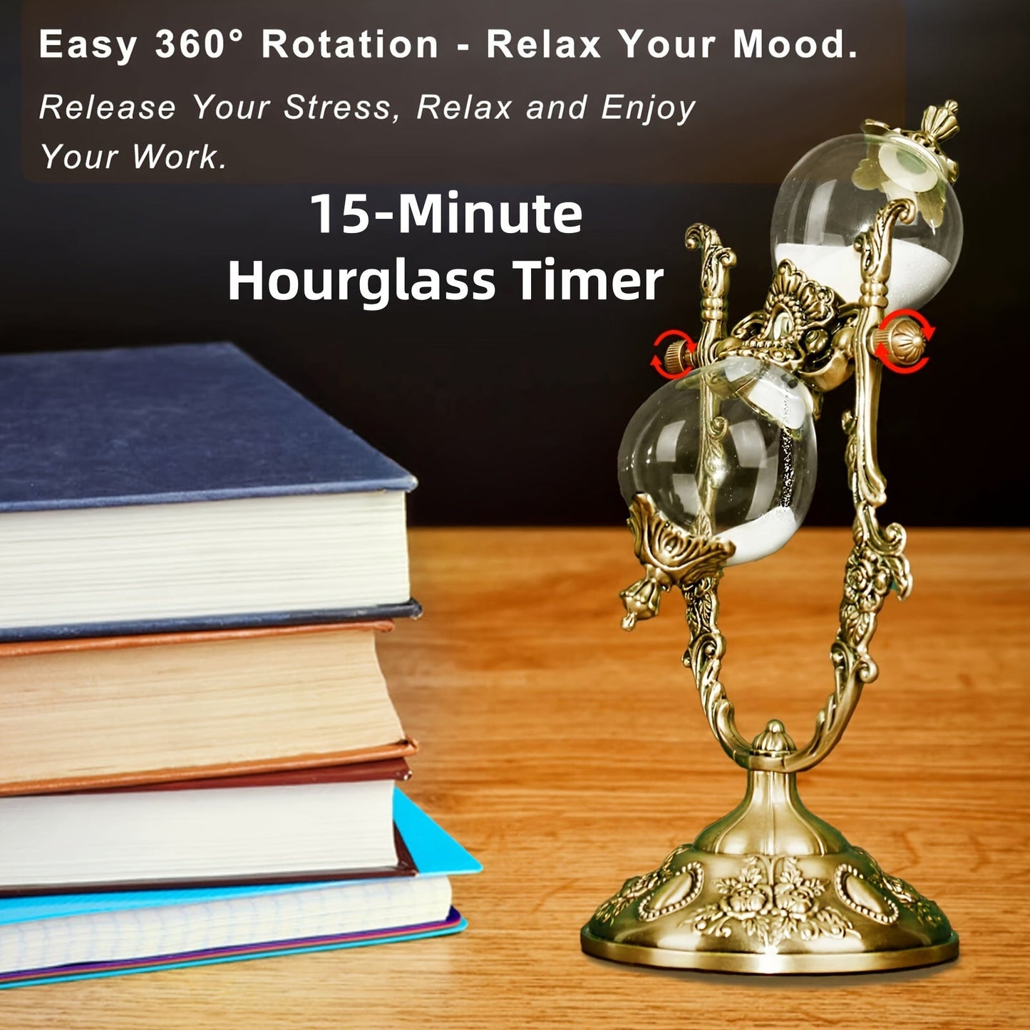 Antique Brass Sand Timer with Engraved Design - Elegant 360° Rotating Metal Clock with White Sand, Ideal for Enhancing Home & Office Décor