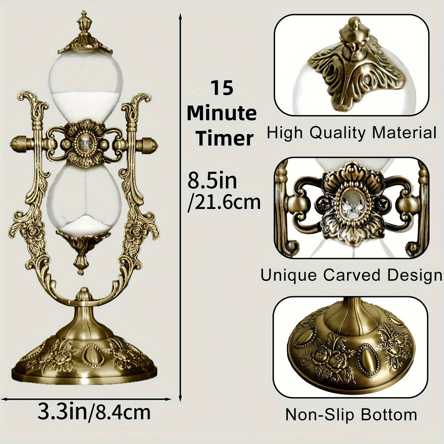 Antique Brass Sand Timer with Engraved Design - Elegant 360° Rotating Metal Clock with White Sand, Ideal for Enhancing Home & Office Décor