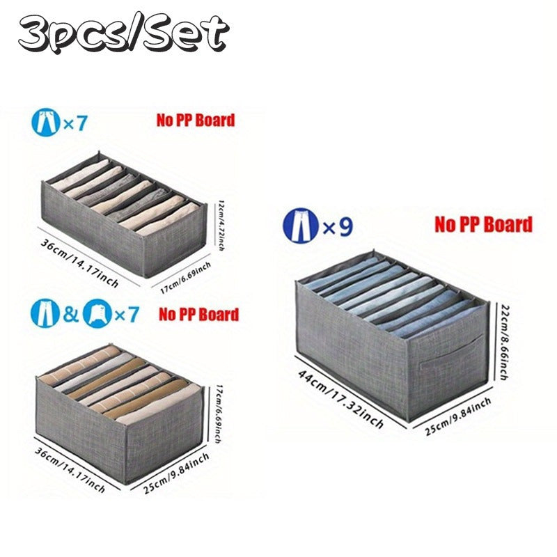 Set of 3 Foldable Canvas Drawer Organizers, Wardrobe Closet Storage Boxes with Separation Grids for Jeans, Shirts, and Sweaters - Save Space in Your Closet!