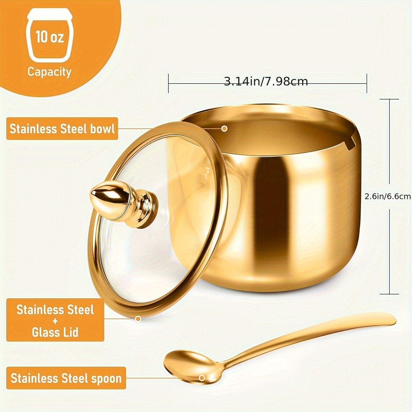 Golden Stainless Steel Sugar Bowl with Glass Lid, Spoon; Dishwasher safe multipurpose condiment dispenser for coffee bar and kitchen storage