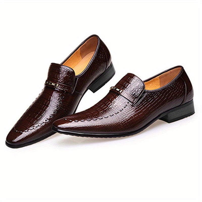 Brown penny loafers for men featuring crocodile texture, metallic buckle, suitable for business, office, parties, weddings.