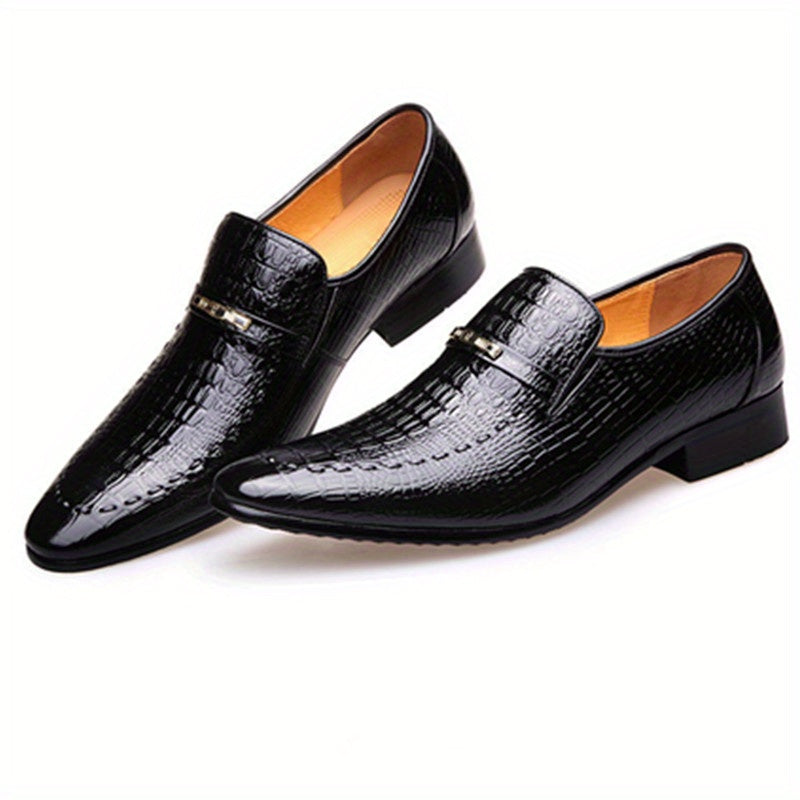 Brown penny loafers for men featuring crocodile texture, metallic buckle, suitable for business, office, parties, weddings.