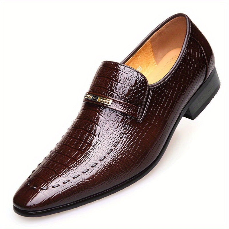 Brown penny loafers for men featuring crocodile texture, metallic buckle, suitable for business, office, parties, weddings.