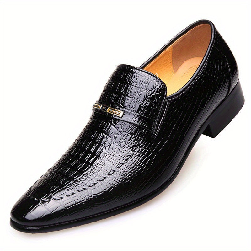 Brown penny loafers for men featuring crocodile texture, metallic buckle, suitable for business, office, parties, weddings.