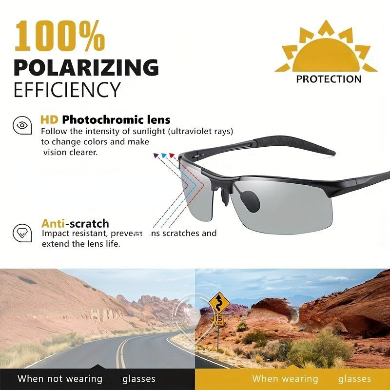 Unisex photochromic sunglasses with half-rim plastic frame, perfect for outdoor activities. Scratch-resistant.