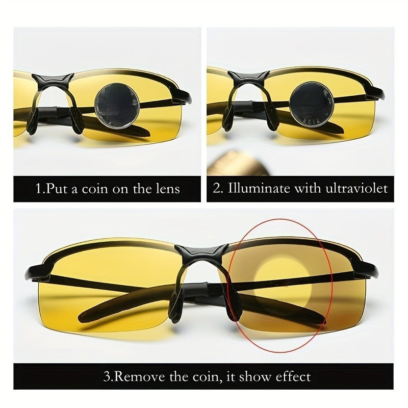 Unisex photochromic sunglasses with half-rim plastic frame, perfect for outdoor activities. Scratch-resistant.