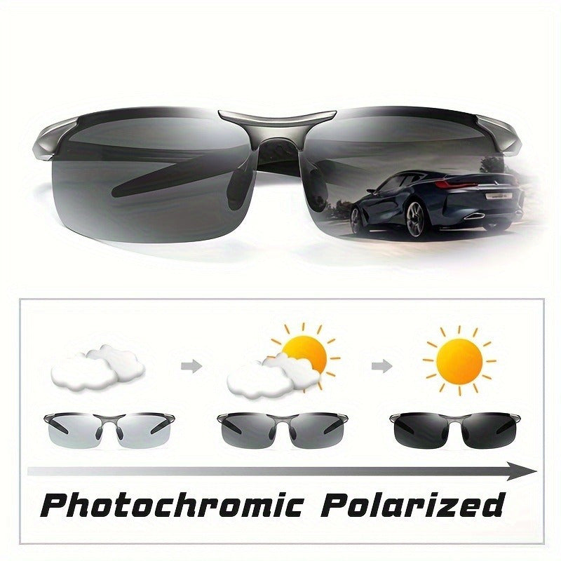 Unisex photochromic sunglasses with half-rim plastic frame, perfect for outdoor activities. Scratch-resistant.