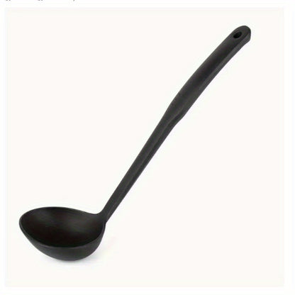 Ergonomic nylon soup ladle with non-stick coating and long handle for soups, sauces, and stirring. Durable utensil with hanging storage.