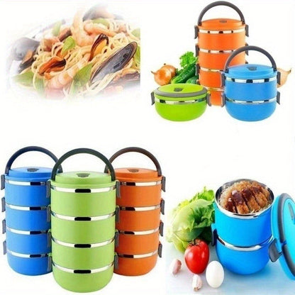 No Electricity Required: Stainless Steel Thermal Insulated Lunch Box Set - Leakproof Round Multi-Tier Tiffin with Manual Hand Wash Design, Stackable Food Storage Containers with Carry Handle, Available in 1/2/3/4 Layer Options