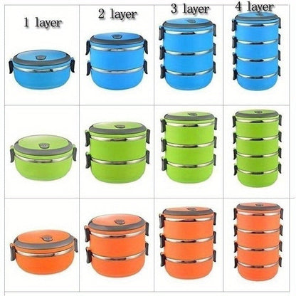 No Electricity Required: Stainless Steel Thermal Insulated Lunch Box Set - Leakproof Round Multi-Tier Tiffin with Manual Hand Wash Design, Stackable Food Storage Containers with Carry Handle, Available in 1/2/3/4 Layer Options