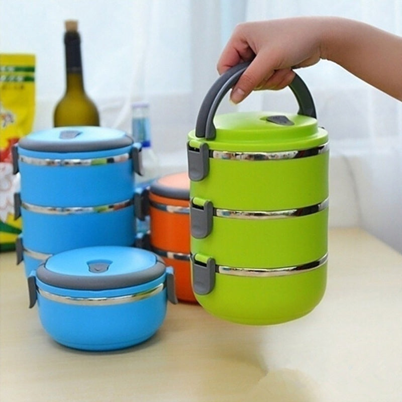 No Electricity Required: Stainless Steel Thermal Insulated Lunch Box Set - Leakproof Round Multi-Tier Tiffin with Manual Hand Wash Design, Stackable Food Storage Containers with Carry Handle, Available in 1/2/3/4 Layer Options