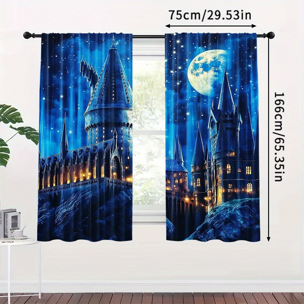 Transform your living space with the Moonlight Castle Blackout Curtains 2pc Set. These enchanting polyester drapes feature a magical theme, perfect for bedroom or living room decor. Ideal for teens and adults, these rod pocket window treatment panels are