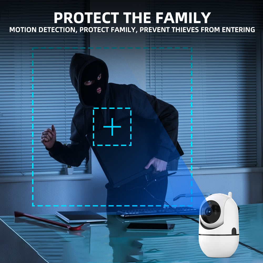 Introducing the Smart Indoor Security Camera with Night Vision - featuring 3MP resolution, PTZ capabilities, WiFi connectivity (5GHz/2.4GHz), USB powered, and smartphone compatibility.