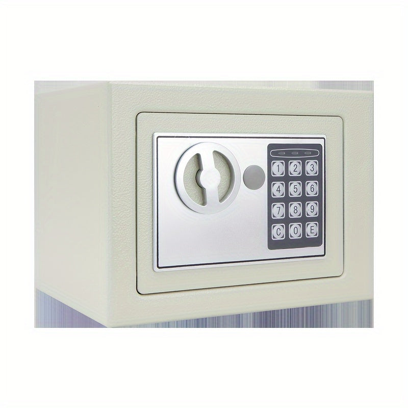 Secure digital security safe with combination and key lock for storing valuables in homes, offices, and hotels. Made of metal and powered by dry batteries. Not waterproof.