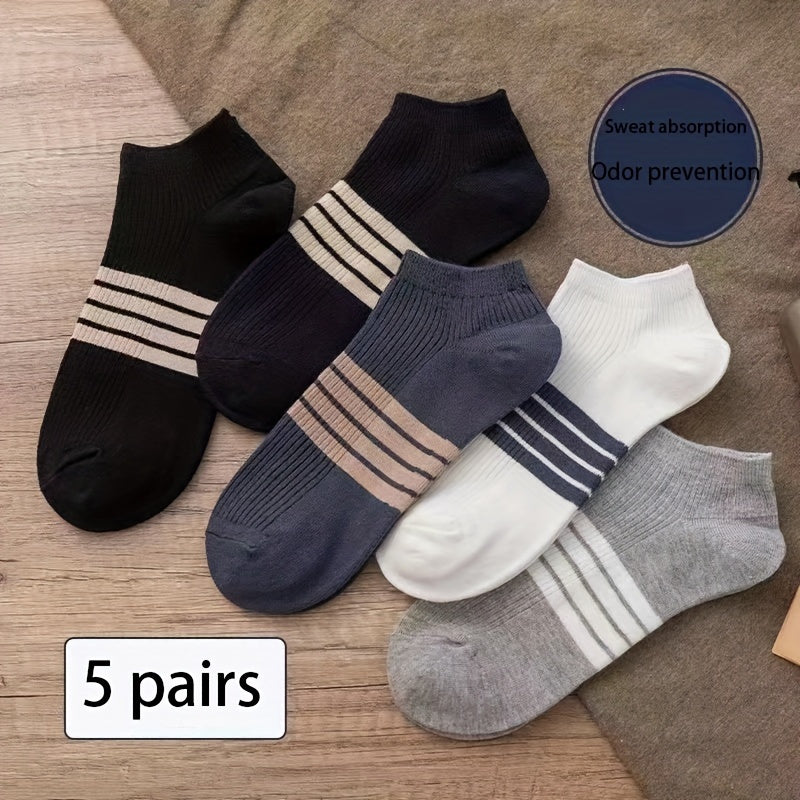 5 pairs of men's fashionable low-top socks, anti-odor, sweat-absorbing, comfortable, and breathable for spring and summer.