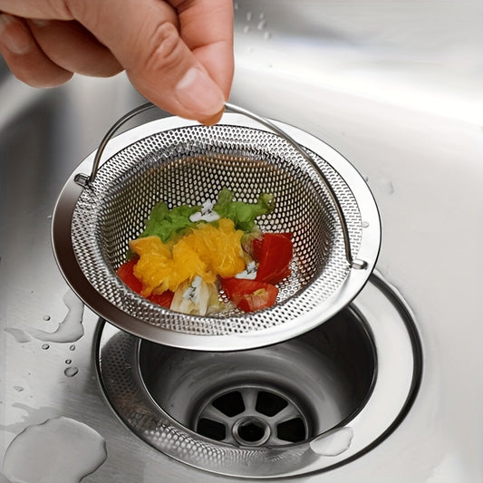 Modern stainless steel sink strainer with handle and anti-clog mesh filter for kitchen and bathroom sinks, no power required.