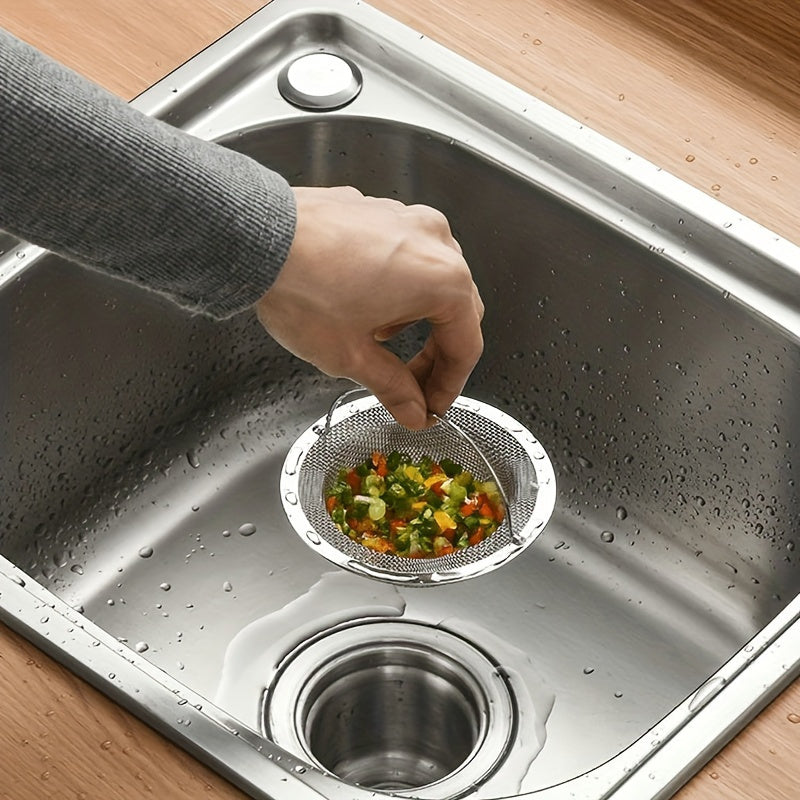 Modern stainless steel sink strainer with handle and anti-clog mesh filter for kitchen and bathroom sinks, no power required.